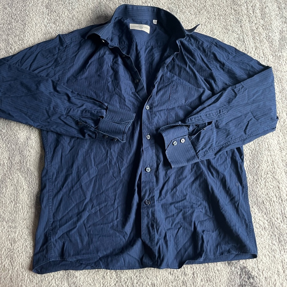 Luciano Barbera Italy Dress Shirt Navy Blue Luxury Cotton Size M